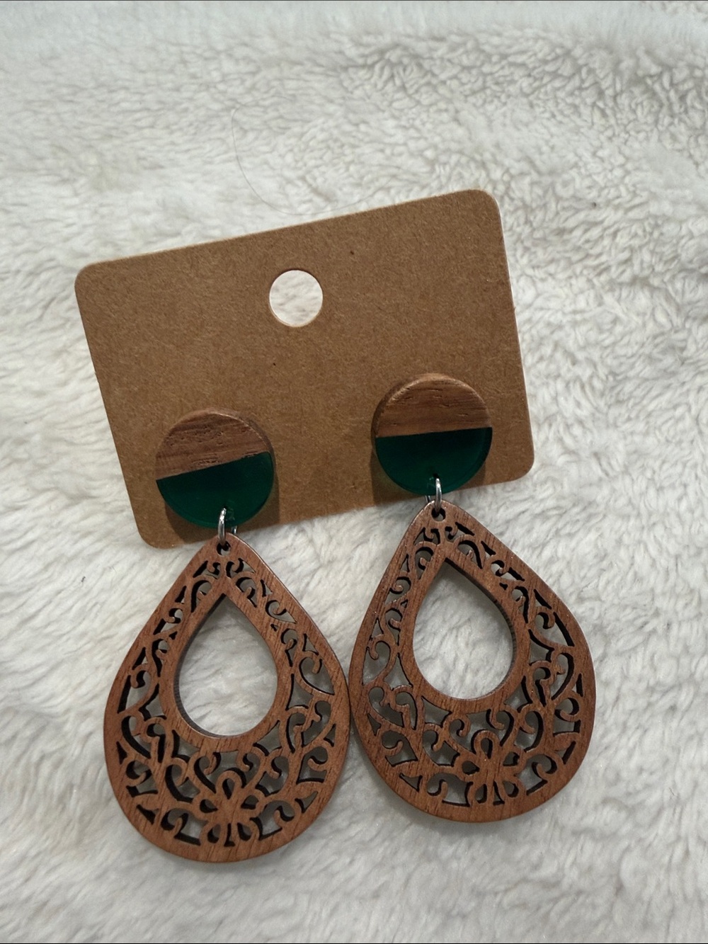 Handcrafted Wooden Teardrop Earrings with Green Accents